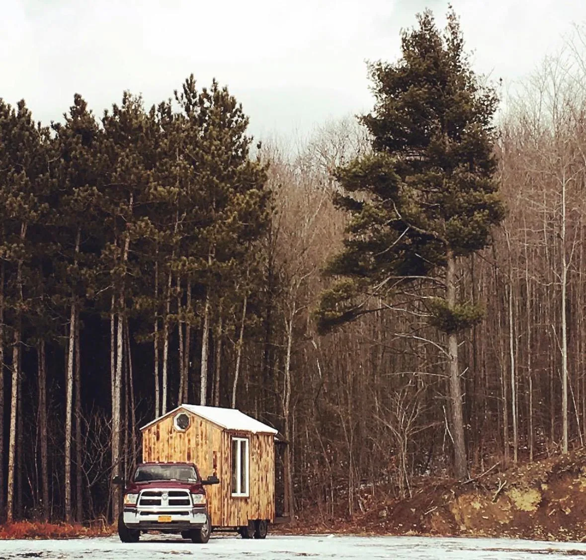 Cedar tiny home parked at the edge of a forest clearing beside a pickup truck
