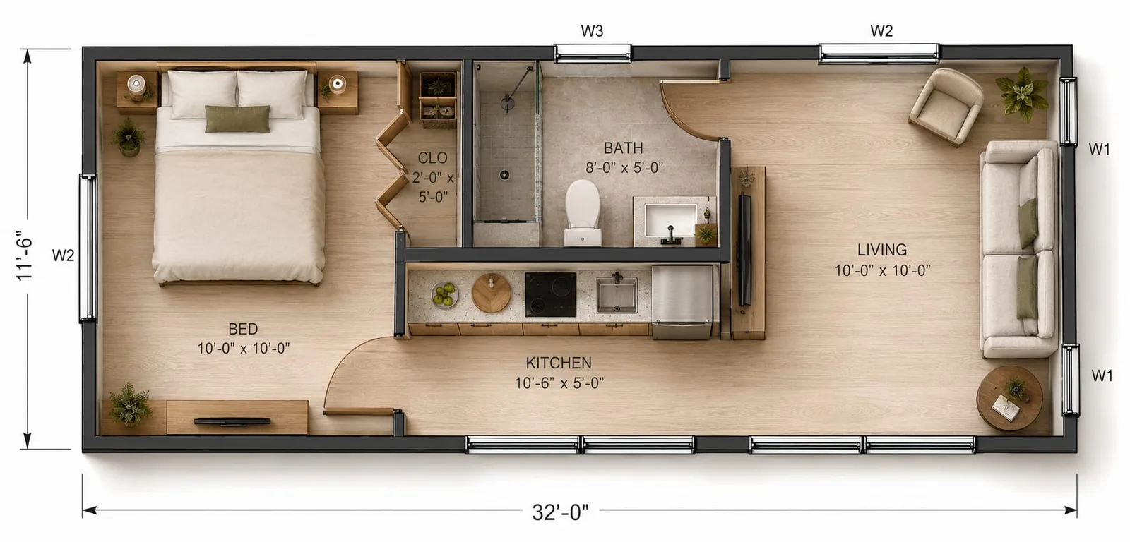 Furnished colour floor plan of a 32 foot tiny home showing bedroom, bath, kitchen and living area