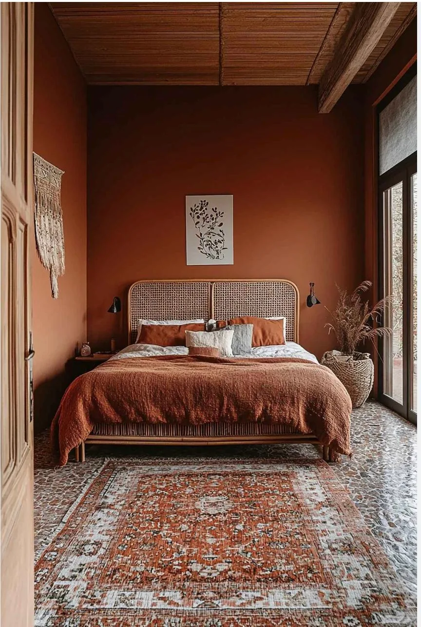 Bedroom with terracotta painted walls, an upholstered bed and a patterned rug