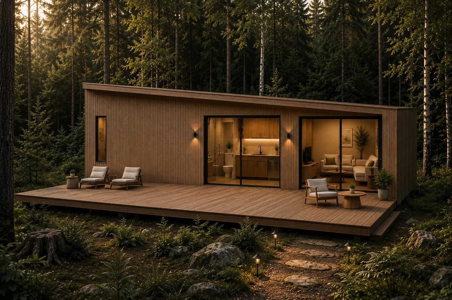 Timber-clad tiny home with a wide deck among pine trees at twilight