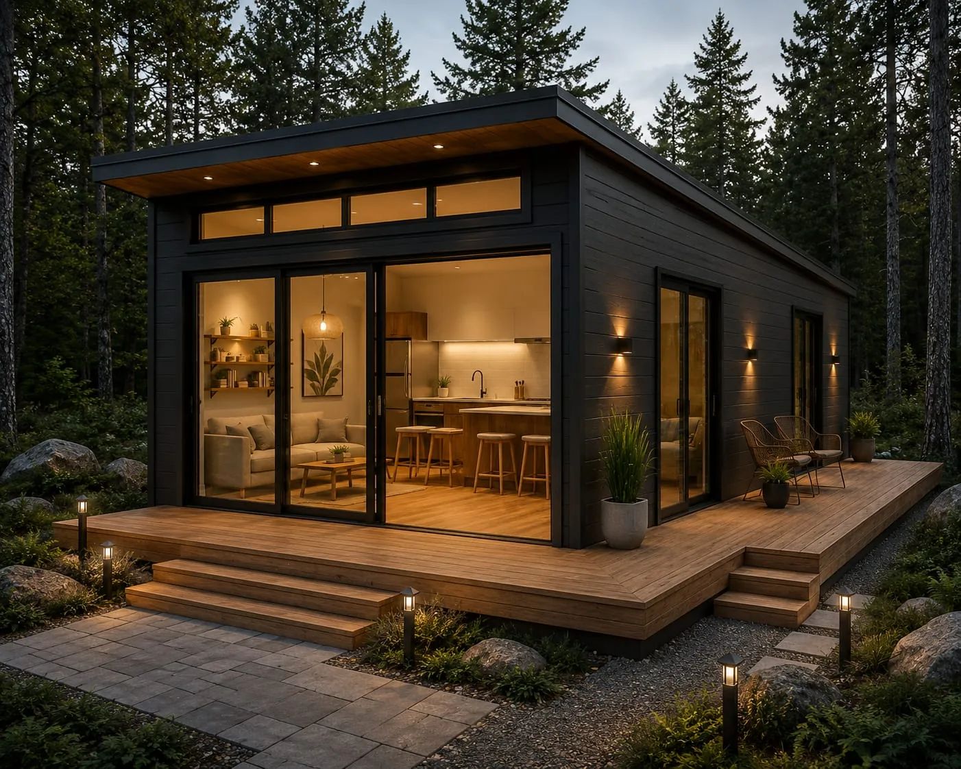 Modern tiny home with black cladding and a glazed corner, interior lit at dusk
