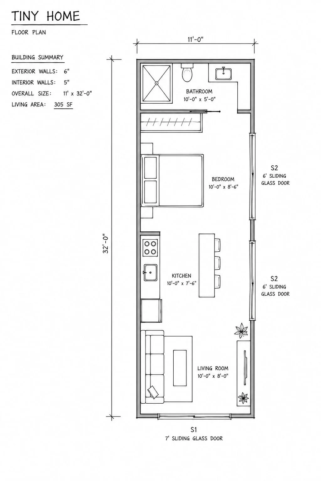 Dimensioned black and white working drawing of a 305 square foot tiny home
