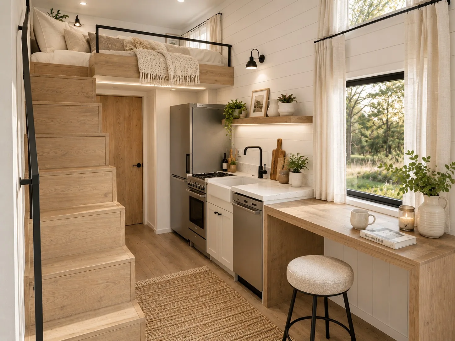 Compact kitchen with a timber stair to the loft, a window bar and a round stool