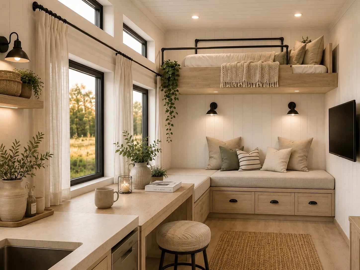 Built-in window seat with drawers beneath, a long bar counter and the sleeping loft above