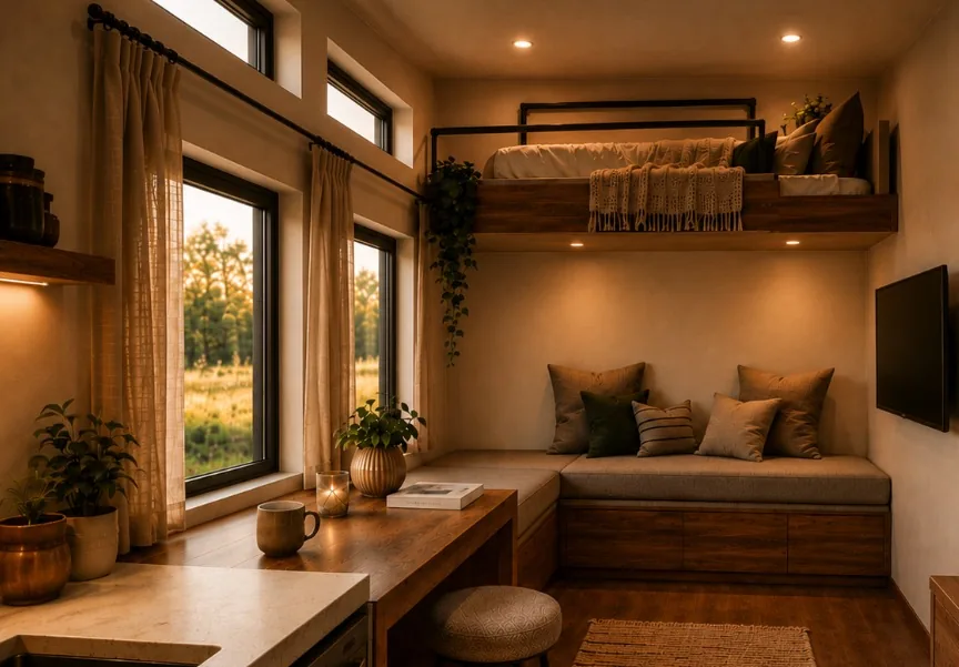 Warmly lit living end of a tiny home with a cushioned window seat and loft bed above