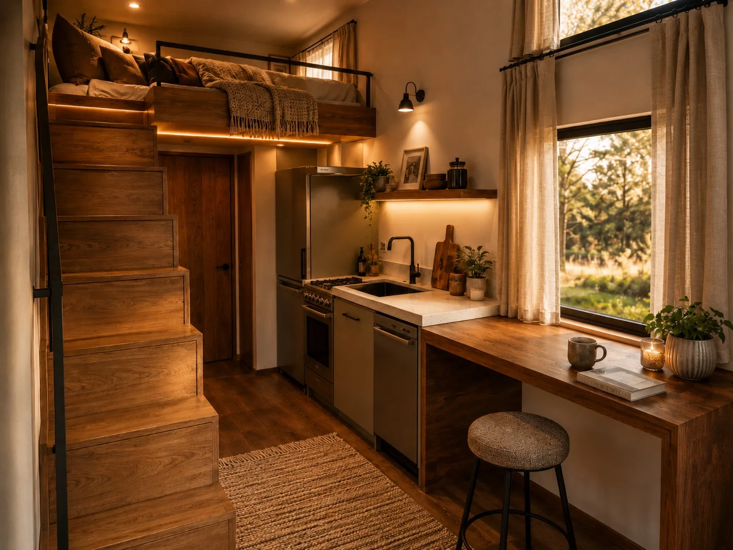 Galley kitchen with a timber staircase, dark stone counter and a bar at the window