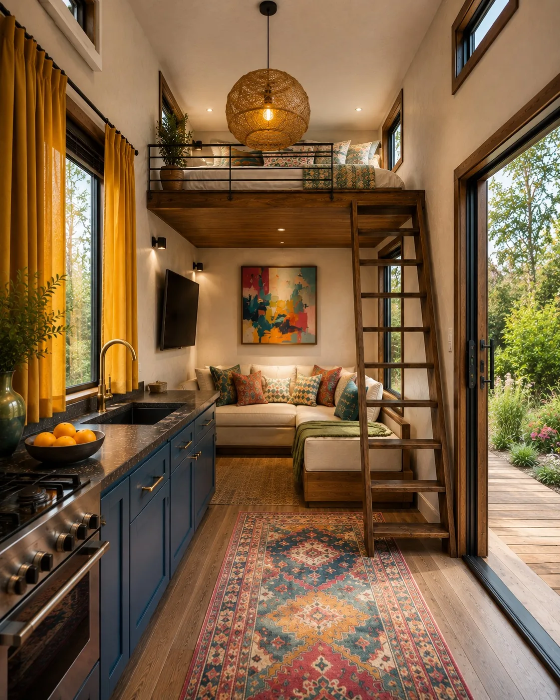 Interior with deep blue cabinetry, a ladder to the loft and a patterned rug beside open glass doors