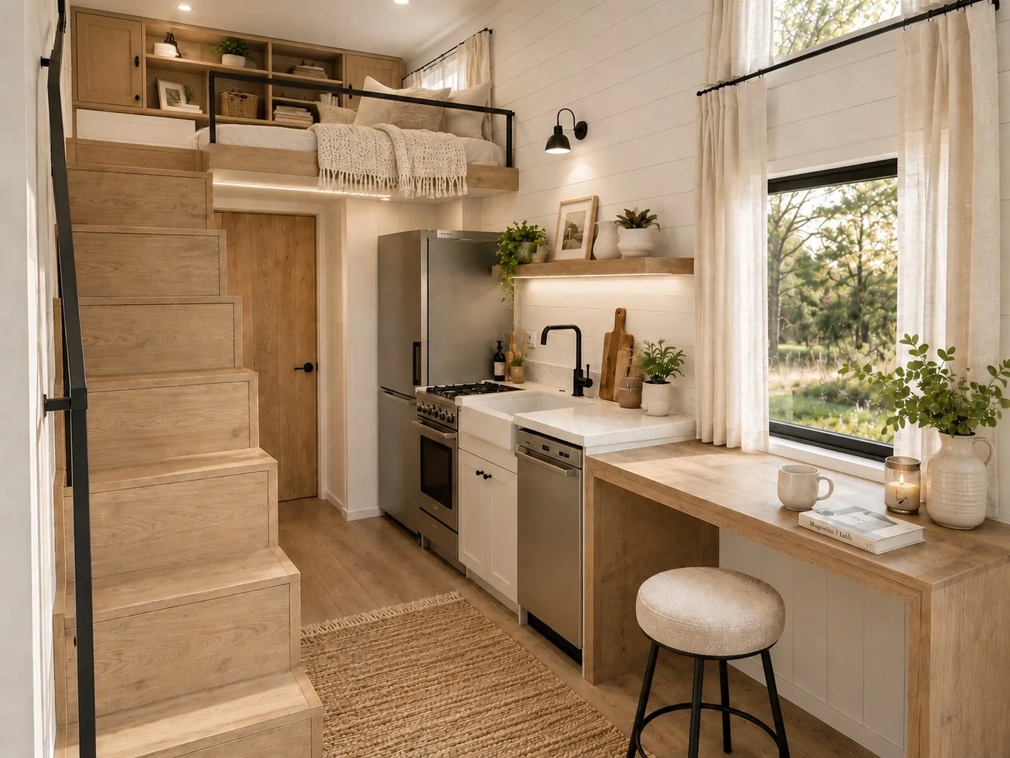 Kitchen with open shelving, stainless appliances and a stair to the sleeping loft