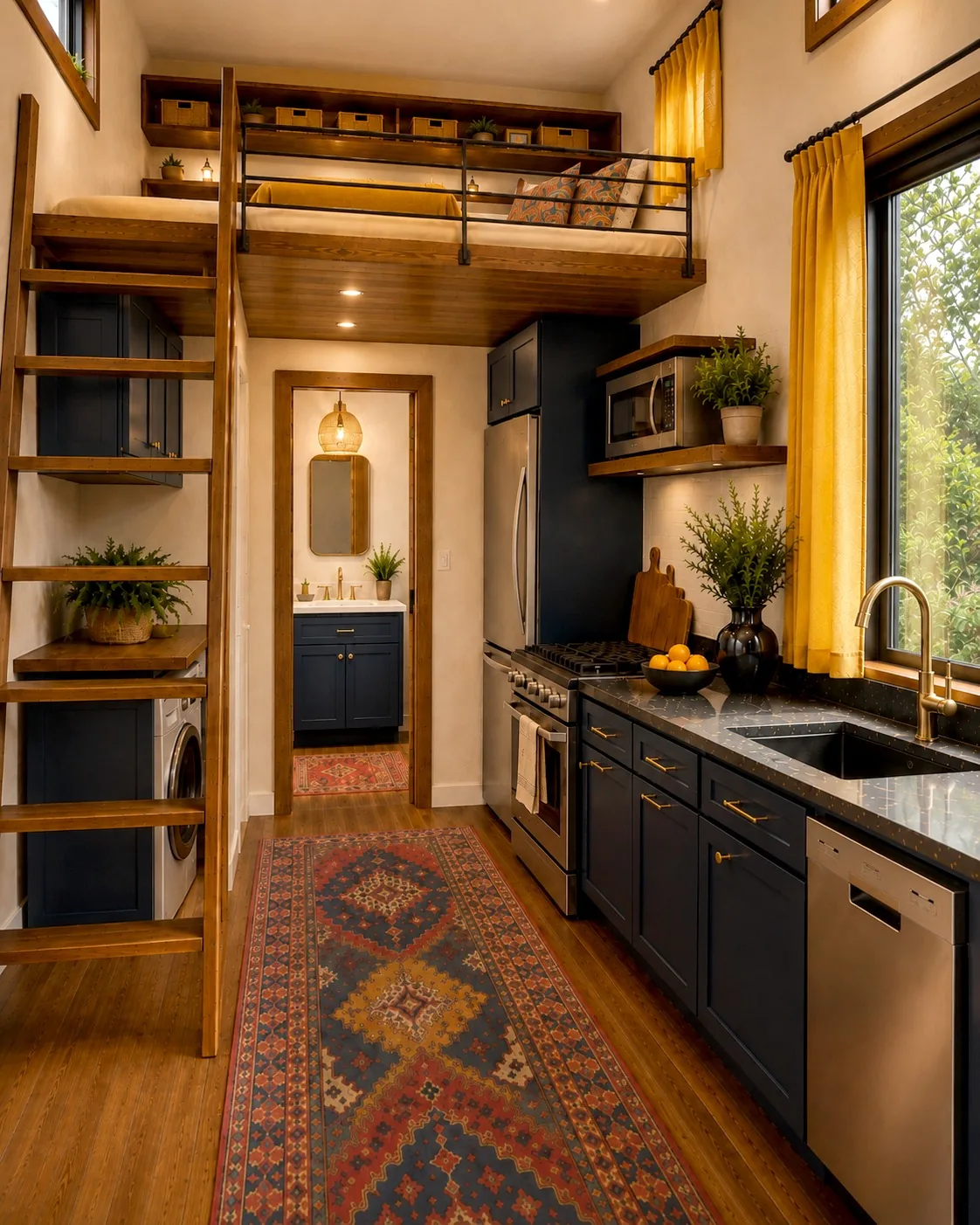 Navy galley kitchen with a timber ladder to the loft and the bathroom visible beyond