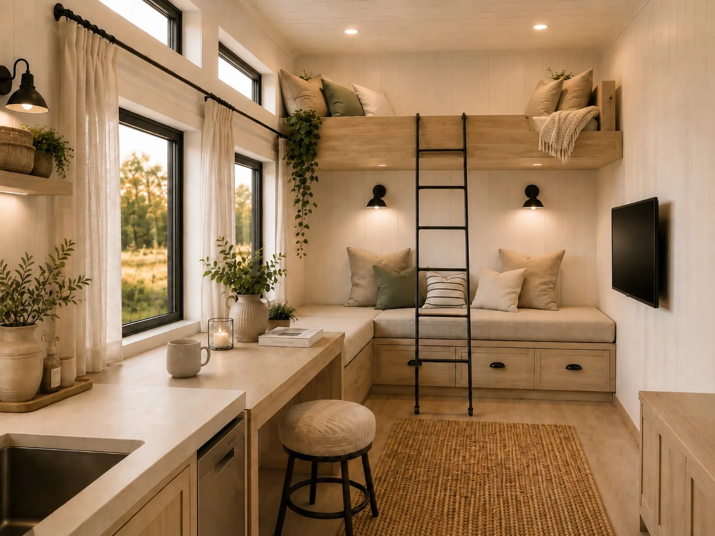 Window seat with built-in storage, a ladder to the loft and a wall-mounted television