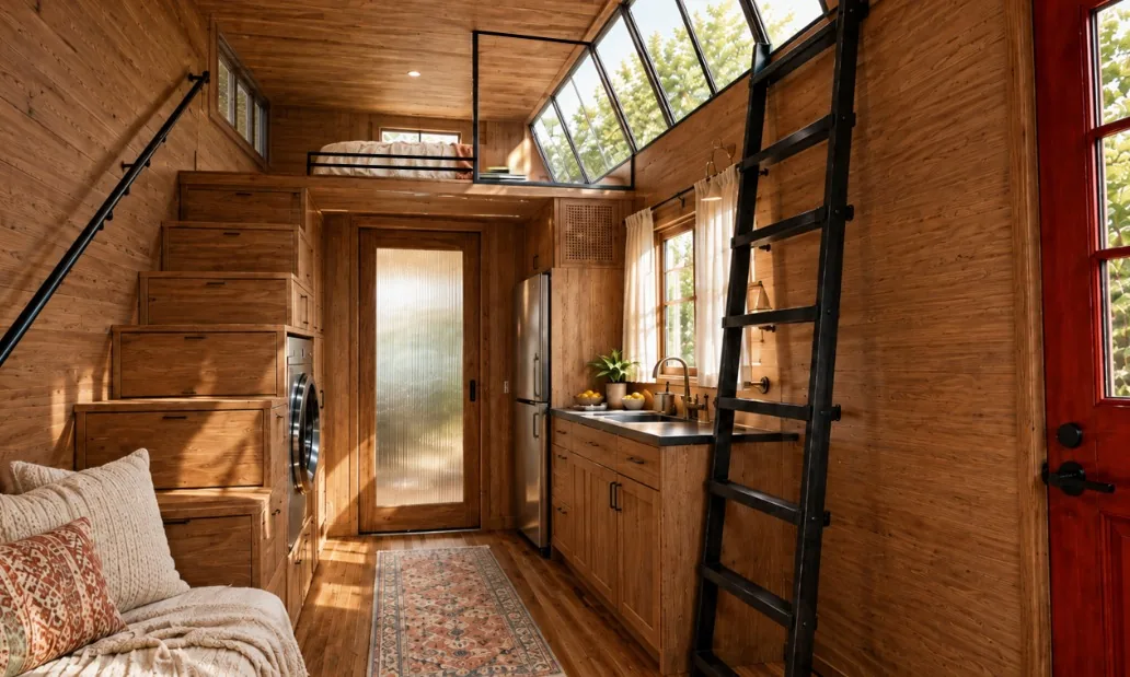 Timber-lined interior with a staircase, loft ladder and a red door at the far end