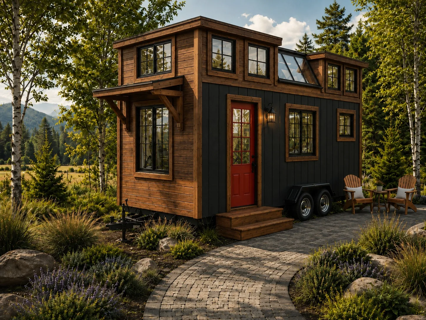 Dark-clad tiny home with cedar accents and a red front door set among wildflowers