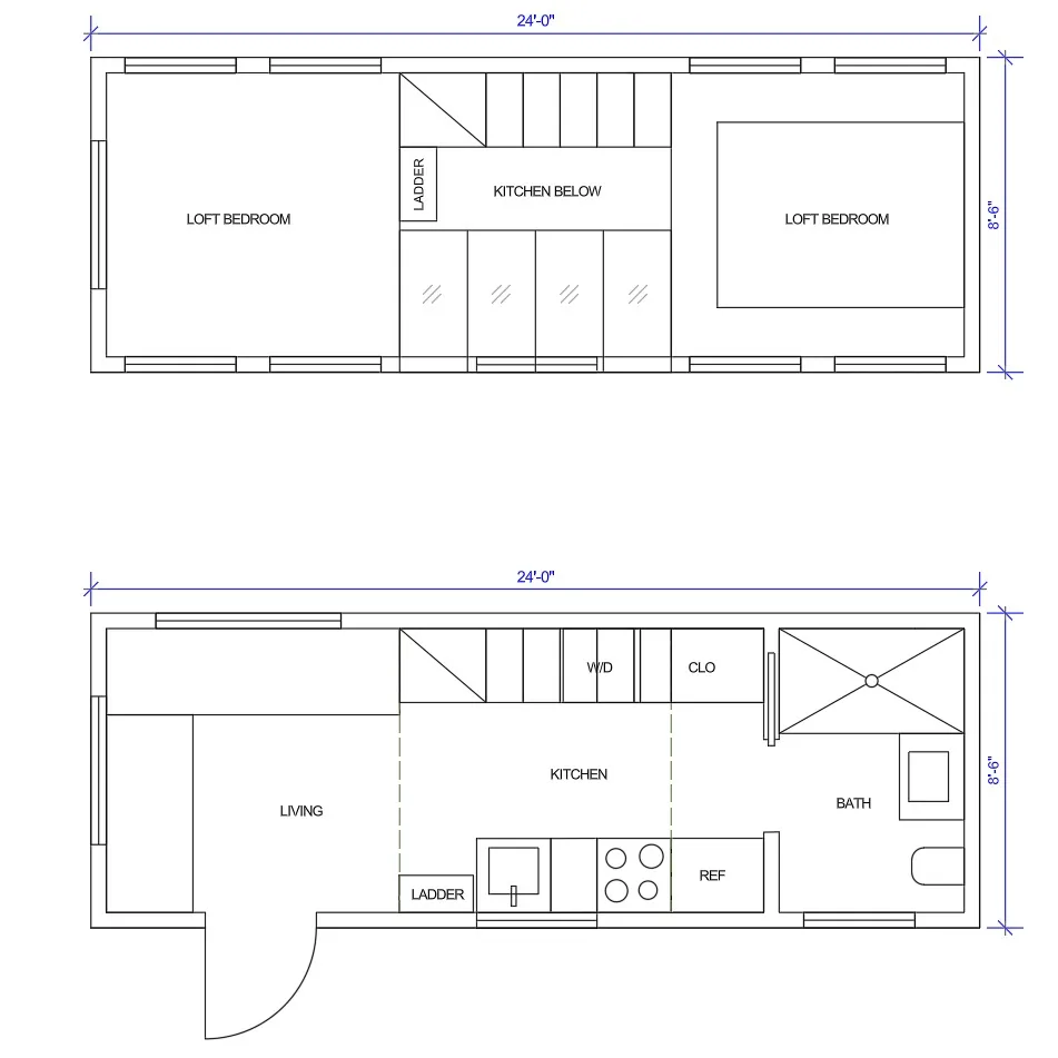 Plan set for a 24 foot tiny home showing twin loft bedrooms over the kitchen and living space
