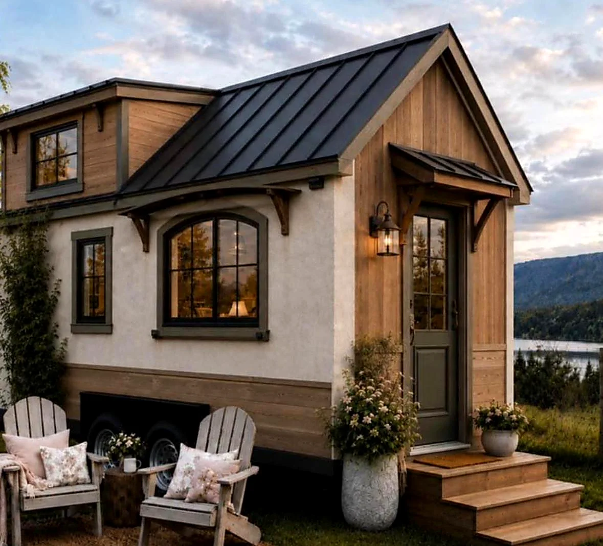 Tiny home with pale stucco and timber cladding, black standing-seam roof and arched windows, overlooking a lake